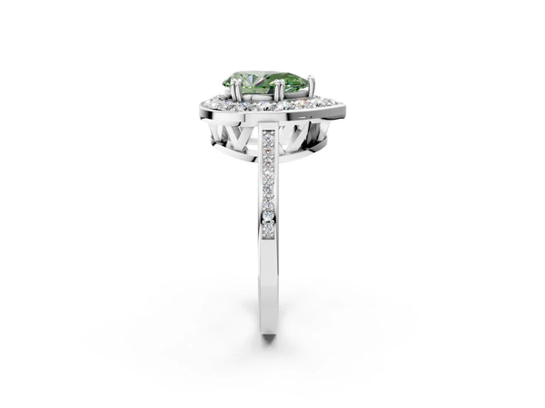 White gold Fancy Green Pear Cut Diamond Halo Ring with Split Shank and Four-Prong Setting