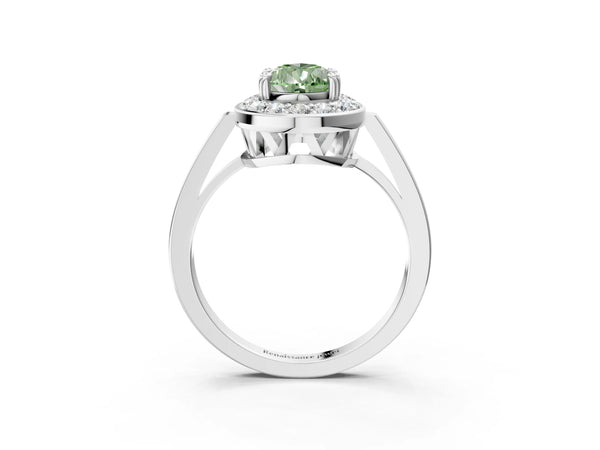 White gold Fancy Green Pear Cut Diamond Halo Ring with Split Shank and Four-Prong Setting