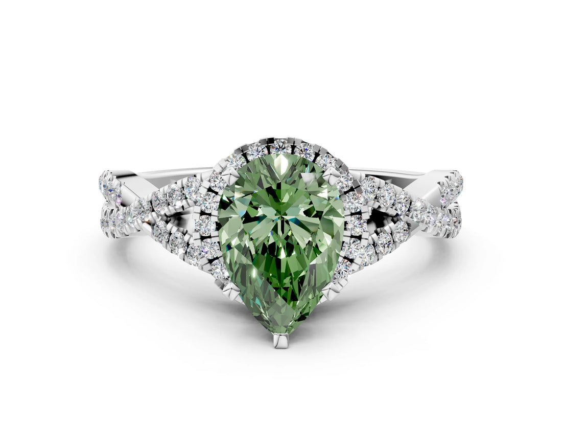 White gold Fancy Green Pear Cut Diamond  Halo Twist Band Solitaire Prong Setting Ring_12
