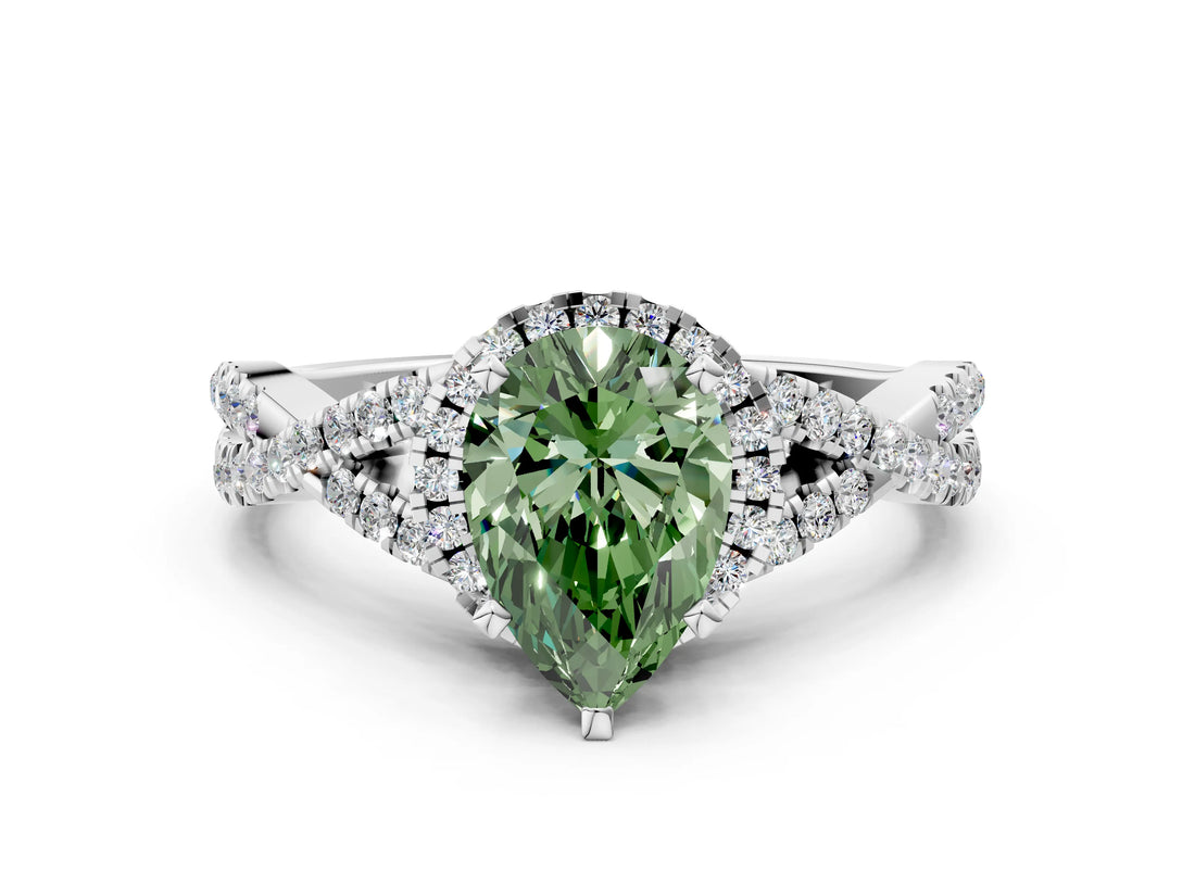 White gold Fancy Green Pear Cut Diamond  Halo Twist Band Solitaire Prong Setting Ring_48