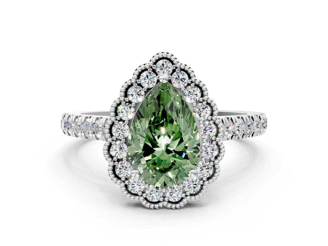 White gold Fancy Green Pear  Cut Diamond Milgrain Floral Halo Engagement Ring with Pavé Band_15