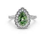White gold Fancy Green Pear  Cut Diamond Milgrain Floral Halo Engagement Ring with Pavé Band_15