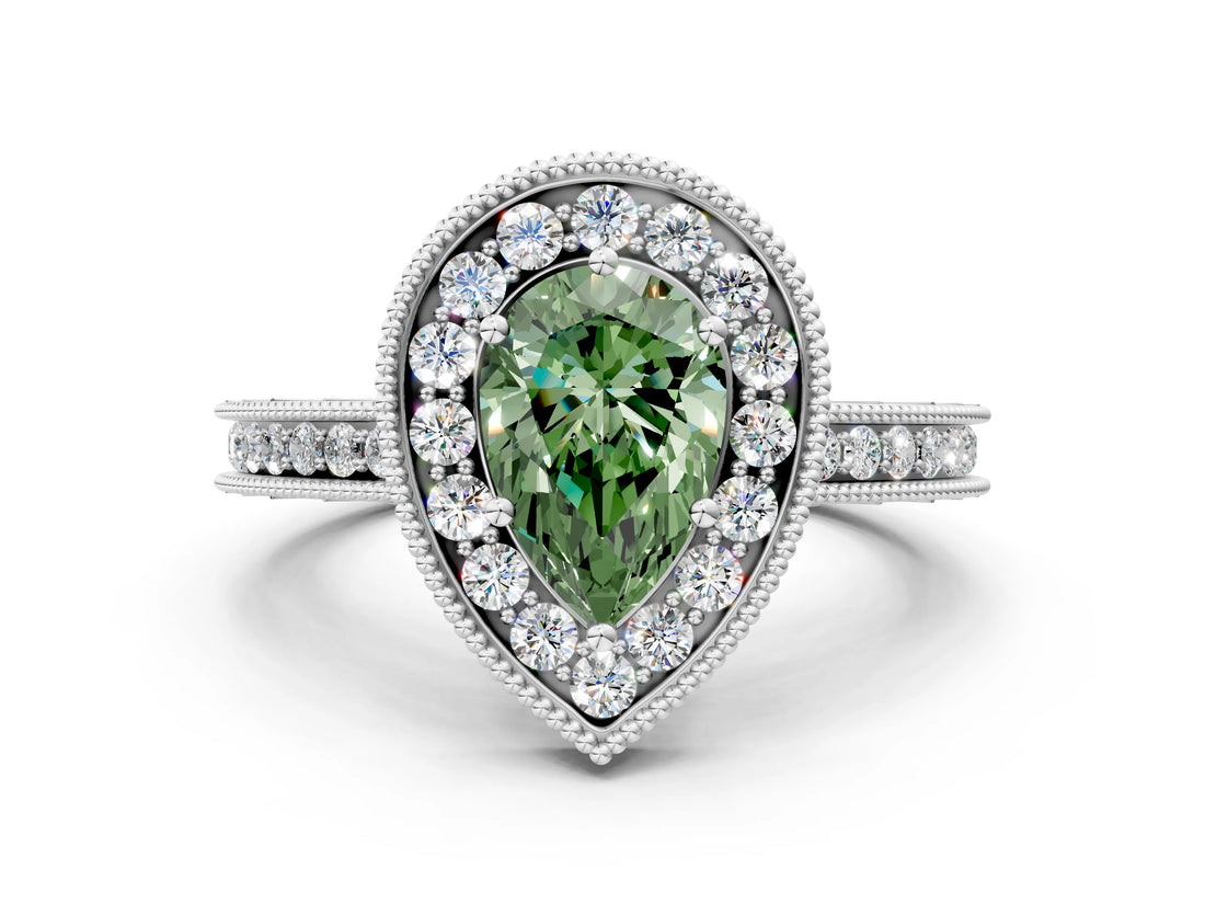 White gold Fancy Green Pear Cut Diamond Milgrain Halo Engagement Ring with Round Pavé Band and Prong Setting_13