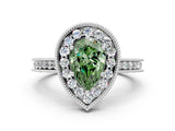 White gold Fancy Green Pear Cut Diamond Milgrain Halo Engagement Ring with Round Pavé Band and Prong Setting_13