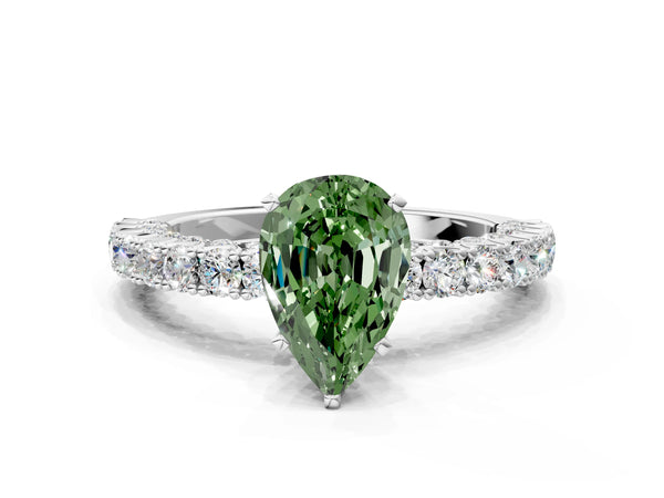 Platinum Fancy Green Pear Cut Diamond Pavé Band Solitaire Ring with Prong Setting