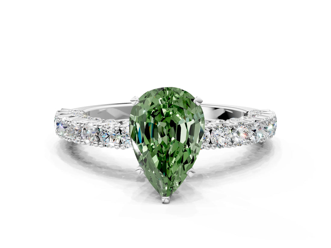 White gold Fancy Green Pear Cut Diamond Pavé Band Solitaire Ring with Prong Setting_88