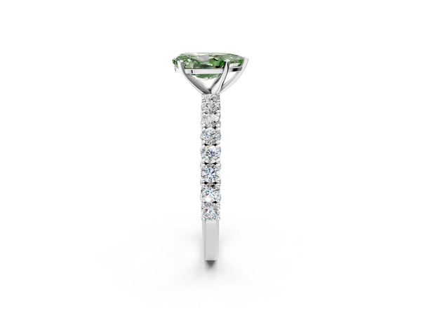 Platinum Fancy Green Pear Cut Diamond Pavé Band Solitaire Ring with Prong Setting