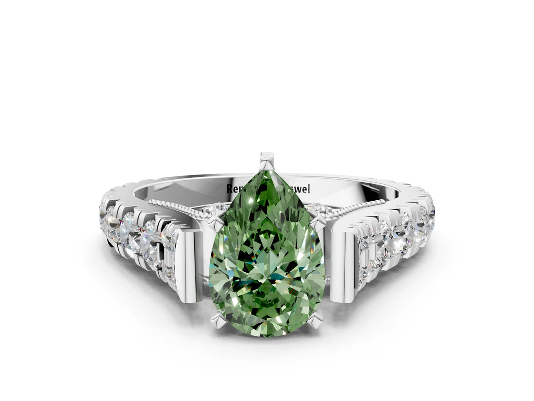 White gold Fancy Green Pear  Cut Diamond Pavé Band Solitaire with Four-Prong Setting_15