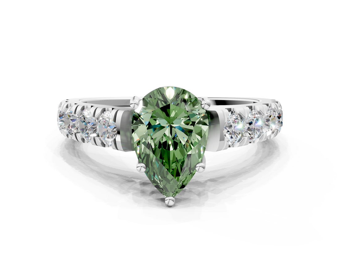 White gold Fancy Green Pear  Cut Diamond Pavé Band Solitaire with Four-Prong Setting_3