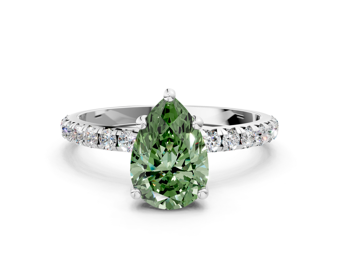 White gold Fancy Green Pear  Cut Diamond Pavé Band Solitaire with Four-Prong Setting_3