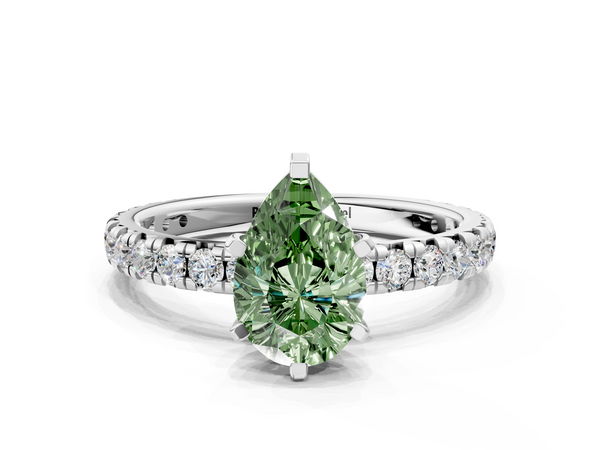 White gold Fancy Green Pear  Cut Diamond Pavé Band with Four-Prong Setting