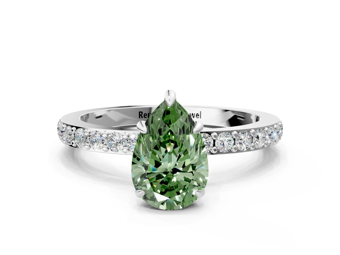 18K White Gold 2.07 Carat Green VS1 Pear Diamond Pavé Engagement Ring with Round Accents and Prong Setting