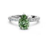 18K White Gold 2.07 Carat Green VS1 Pear Diamond Pavé Engagement Ring with Round Accents and Prong Setting