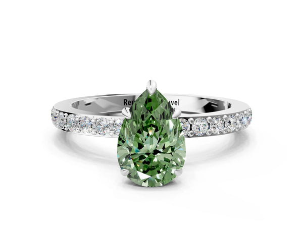 18K White Gold 2.07 Carat Green VS1 Pear Diamond Pavé Engagement Ring with Round Accents and Prong Setting