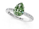 18K White Gold 2.07 Carat Green VS1 Pear Diamond Pavé Engagement Ring with Round Accents and Prong Setting