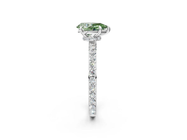 18K White Gold 2.07 Carat Green VS1 Pear Diamond Pavé Engagement Ring with Round Accents and Prong Setting