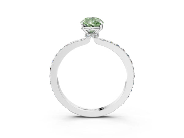 18K White Gold 2.07 Carat Green VS1 Pear Diamond Pavé Engagement Ring with Round Accents and Prong Setting