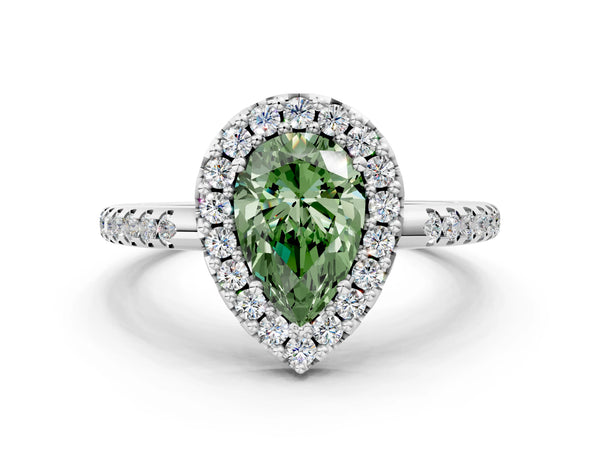 White gold Fancy Green Pear Cut Diamond Pavé Halo Ring with Four-Prong Setting