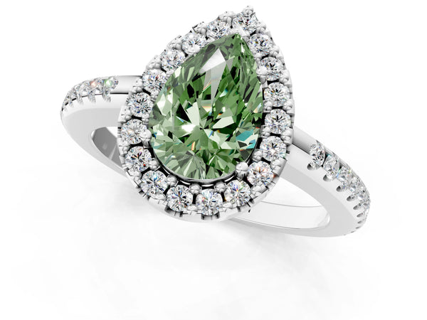 White gold Fancy Green Pear Cut Diamond Pavé Halo Ring with Four-Prong Setting