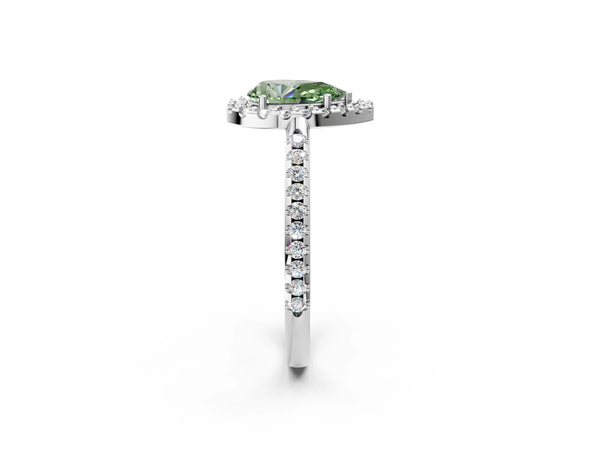 White gold Fancy Green Pear Cut Diamond Pavé Halo Ring with Four-Prong Setting