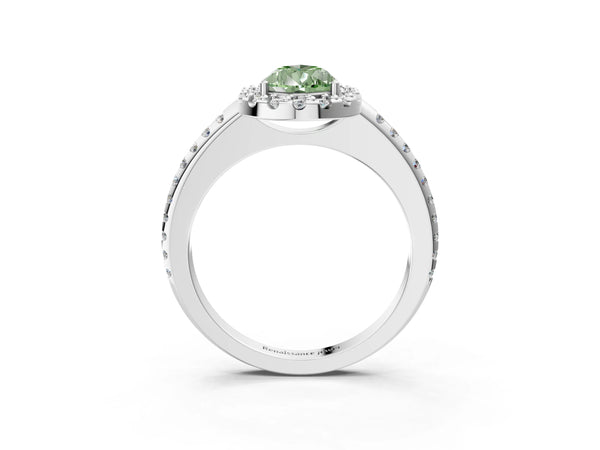 White gold Fancy Green Pear Cut Diamond Pavé Halo Ring with Four-Prong Setting