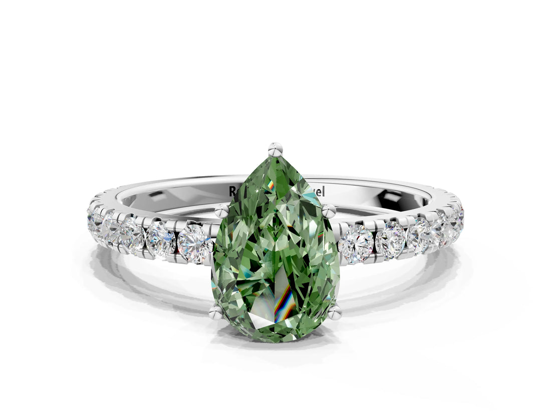 White gold Fancy Green Pear Cut Diamond Pavé Solitaire Engagement Ring with Four-Prong Setting_109