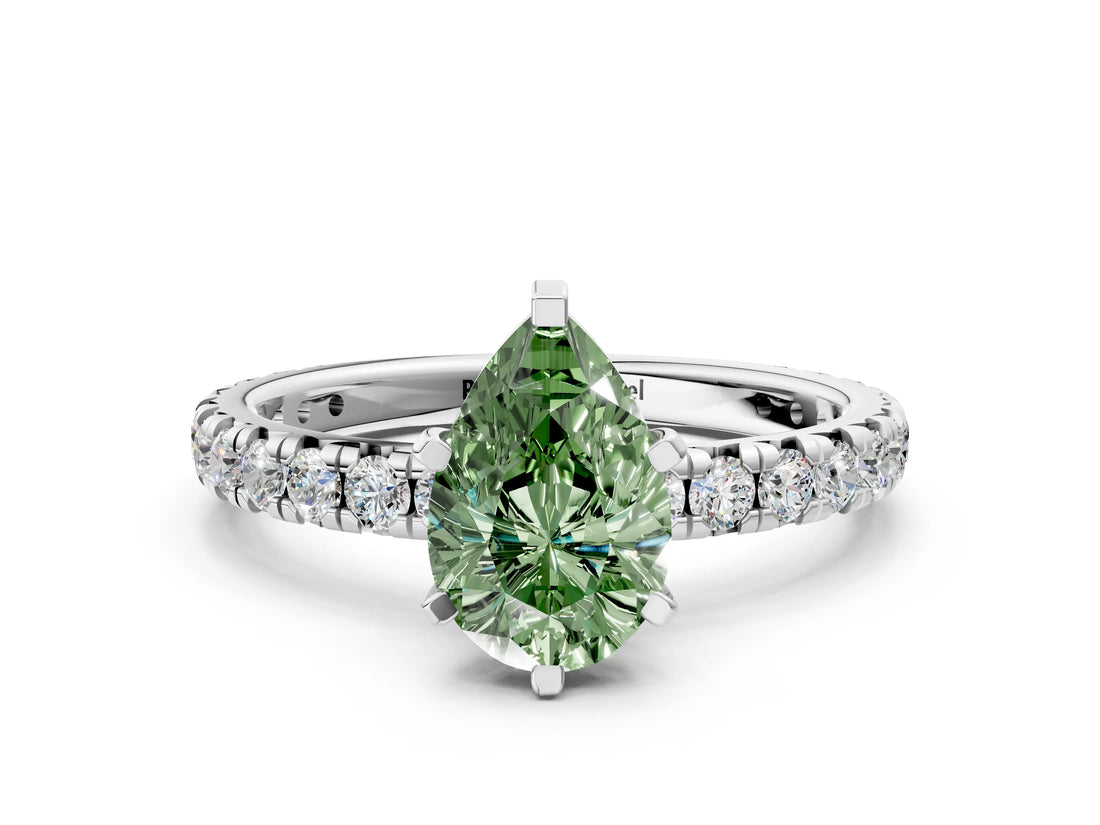 White gold Fancy Green Pear Cut Diamond Pavé Solitaire Ring with Round Band and Prong Setting_12
