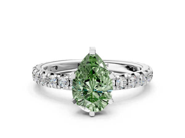 White Gold Pear-Shaped Solitaire Engagement Ring Setting for Fancy Green Center with Shared Prong Pave Band