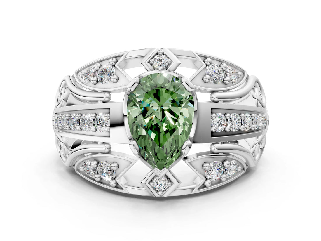 White gold Fancy Green Pear Cut Diamond Pave Art Deco Split Shank Ring with Four-Prong Setting