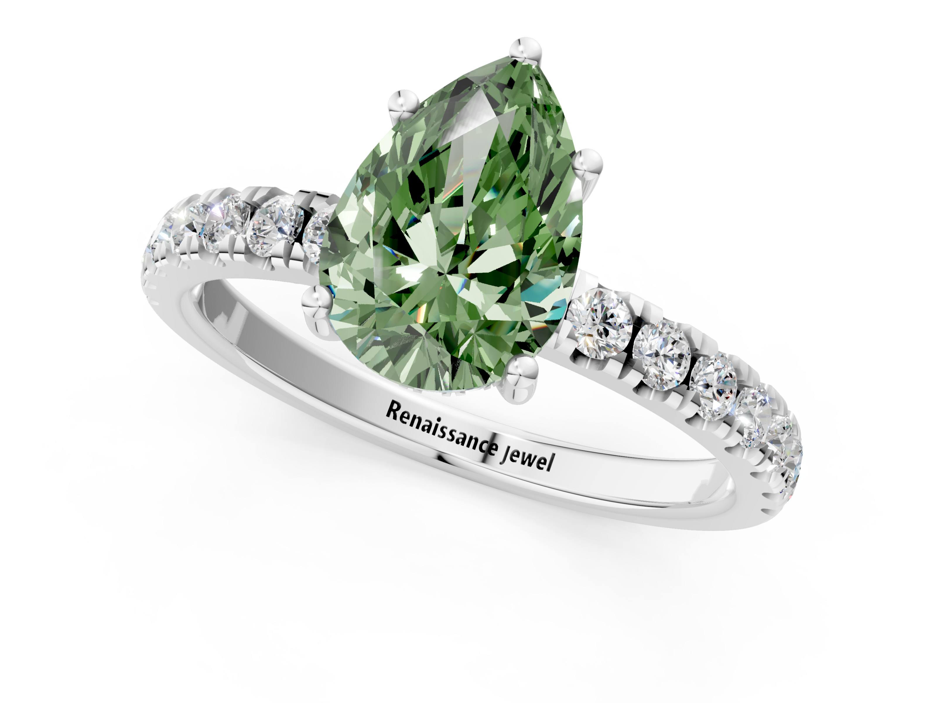 White gold Fancy Green Pear  Cut Diamond Pave Band Solitaire Ring with Four-Prong Setting_25