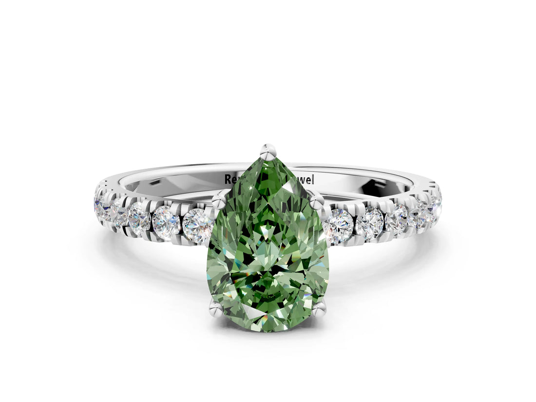 White gold Fancy Green Pear Cut Diamond Pave Band Solitaire Ring with Round  and Prong Setting_118