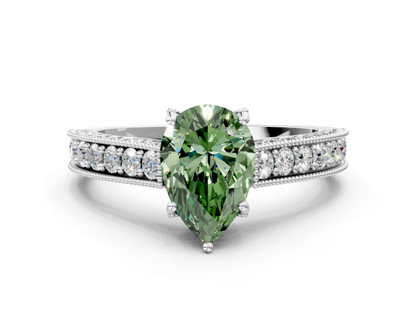 Platinum Fancy Green Pear  Cut Diamond Solitaire Ring with Milgrain Pave Band and Four Prong Setting
