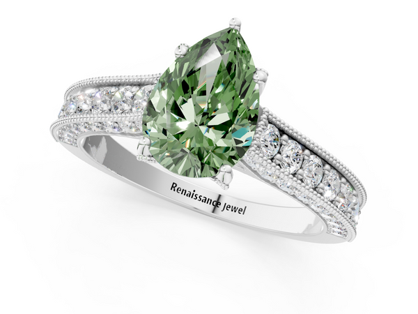 Platinum Fancy Green Pear  Cut Diamond Solitaire Ring with Milgrain Pave Band and Four Prong Setting