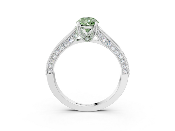 Platinum Fancy Green Pear  Cut Diamond Solitaire Ring with Milgrain Pave Band and Four Prong Setting