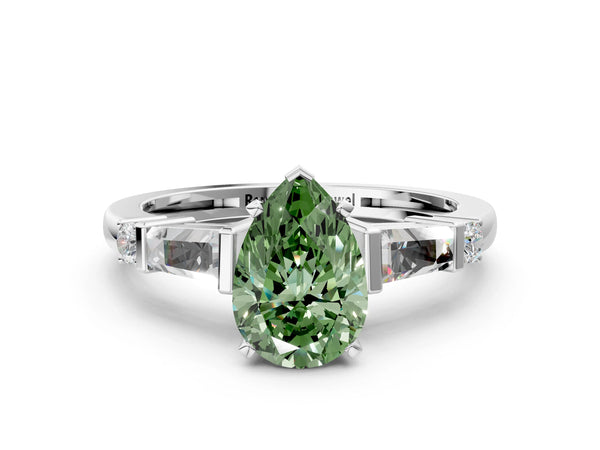 White gold Fancy Green Pear  Cut Diamond Ring with Baguette Side Stones, Channel Set Band, and Four-Prong Setting