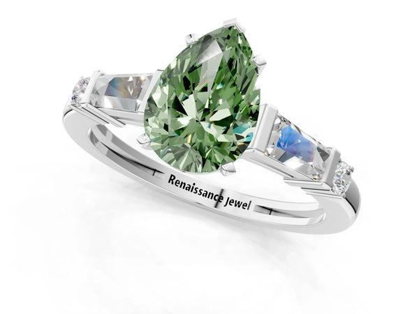 White gold Fancy Green Pear  Cut Diamond Ring with Baguette Side Stones, Channel Set Band, and Four-Prong Setting
