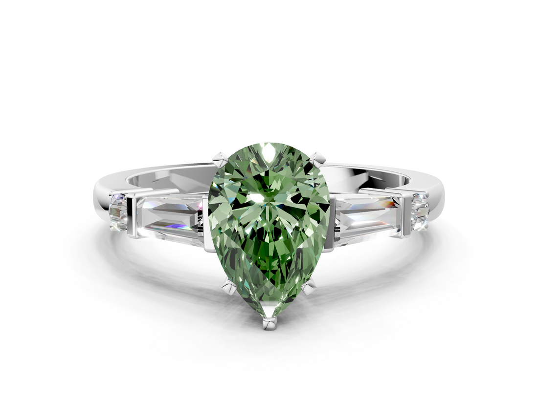 White gold Fancy Green Pear  Cut Diamond Ring with Baguette Side Stones, Channel Set Band, and Four-Prong Setting_3