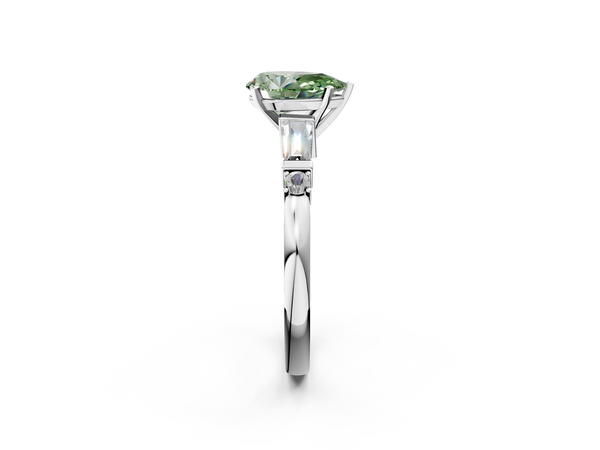White gold Fancy Green Pear  Cut Diamond Ring with Baguette Side Stones, Channel Set Band, and Four-Prong Setting