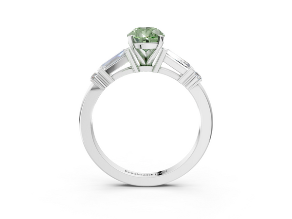 White gold Fancy Green Pear  Cut Diamond Ring with Baguette Side Stones, Channel Set Band, and Four-Prong Setting