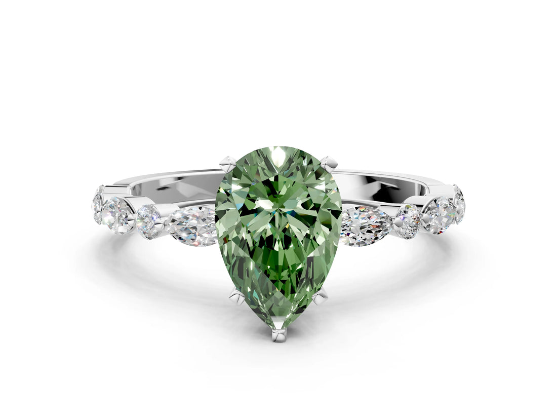 White gold Fancy Green Pear Cut Diamond Ring with Marquise and Round  Side Stones and Four-Prong Setting_64
