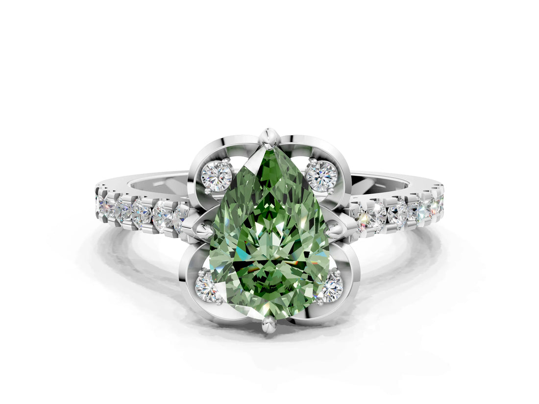 White gold Fancy Green Pear Cut Diamond Ring with Pavé Band and Floral Prong Setting_39