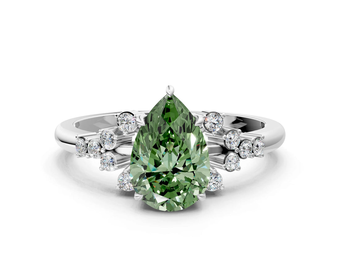 White gold Fancy Green Pear Cut Diamond Ring with Side Stones and Four-Prong Setting_193