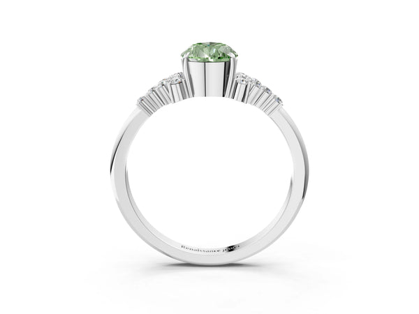 Platinum Fancy Green Pear Cut Diamond Ring with Side Stones and Four-Prong Setting