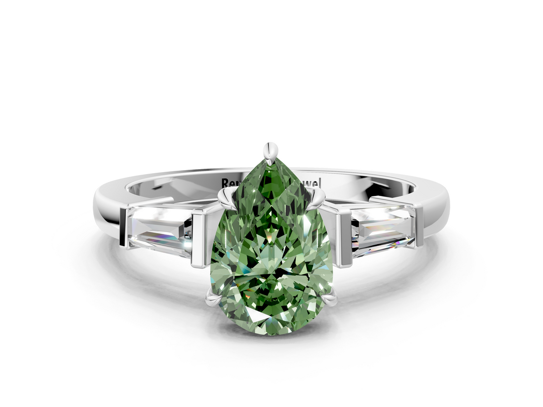 White gold Fancy Green Pear  Cut Diamond Ring with Tapered Baguette Side Stones in Four-Prong Setting_3