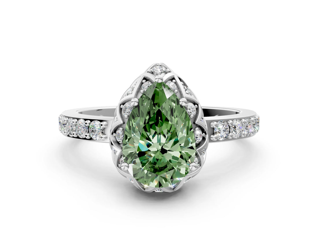 White gold Fancy Green Pear Cut Diamond Scalloped Halo Engagement Ring with Round Shared Prong Band_43