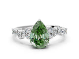 White gold Fancy Green Pear Cut Diamond Scattered Round Accent Ring with Prong Setting_12