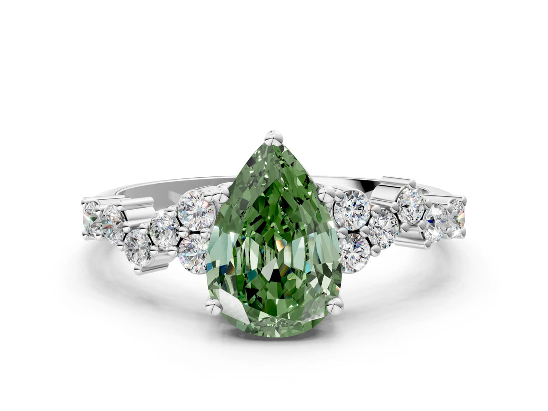 White gold Fancy Green Pear Cut Diamond Scattered Round Accent Ring with Prong Setting_24