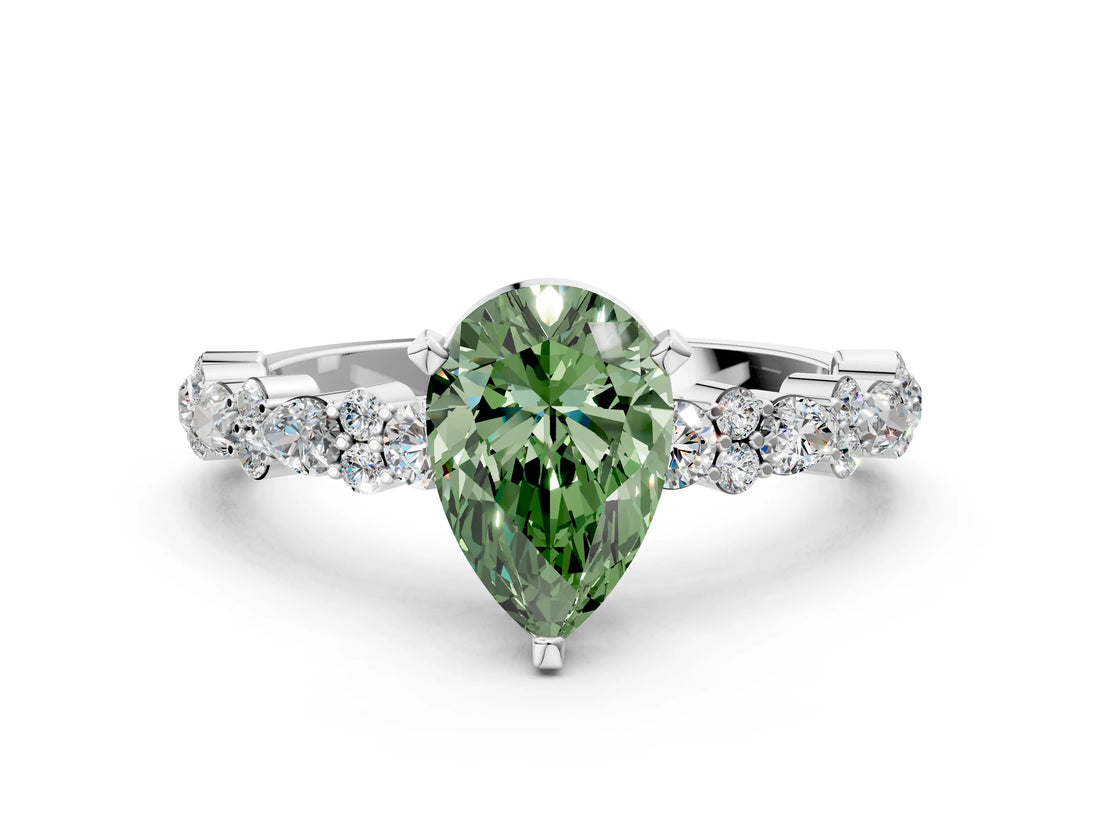 White gold Fancy Green Pear Cut Diamond Side Stone Solitaire Ring with Round  and Four-Prong Setting_12