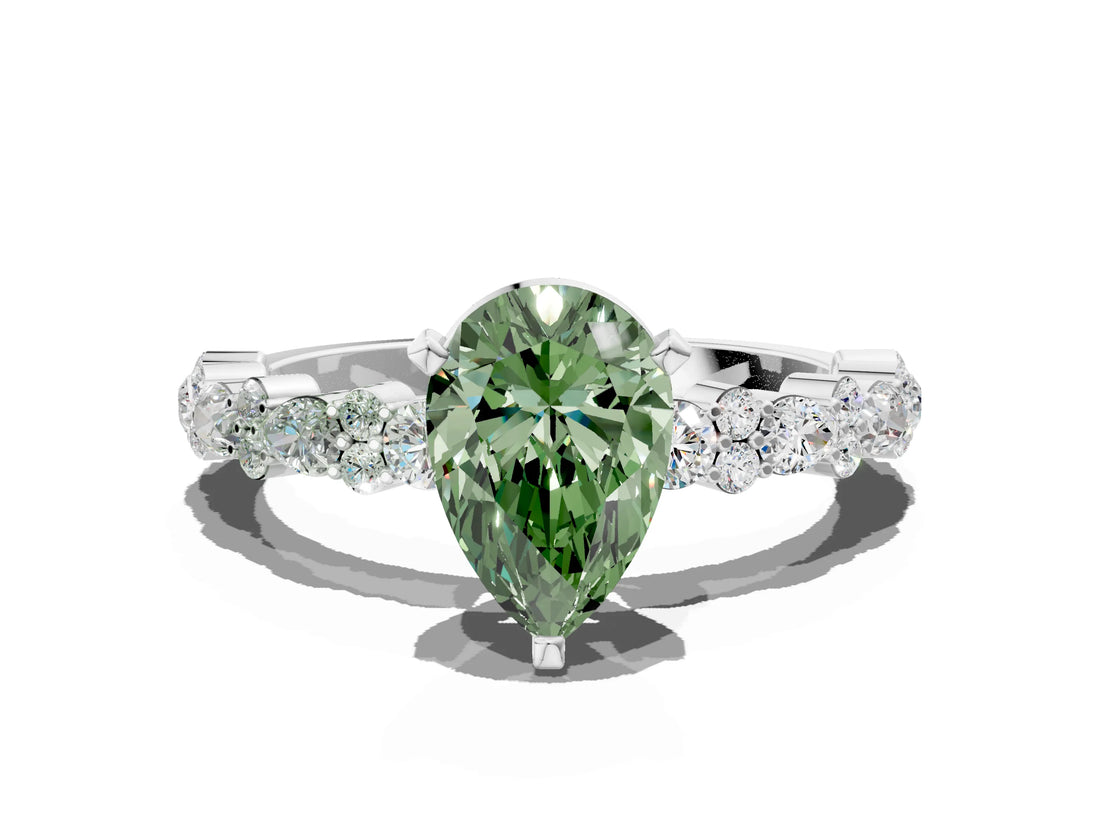 White gold Fancy Green Pear Cut Diamond Side Stone Solitaire Ring with Round  and Four-Prong Setting_175
