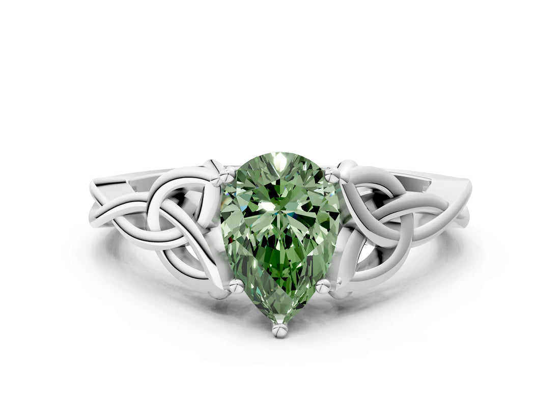White gold Fancy Green Pear Cut Diamond Solitaire Celtic Knot Ring with Four-Prong Setting_105